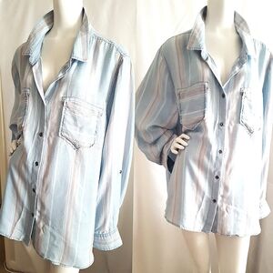 Standard Grace💙Blue-Pink Striped Long Sleeves Buttoned Blouse Top